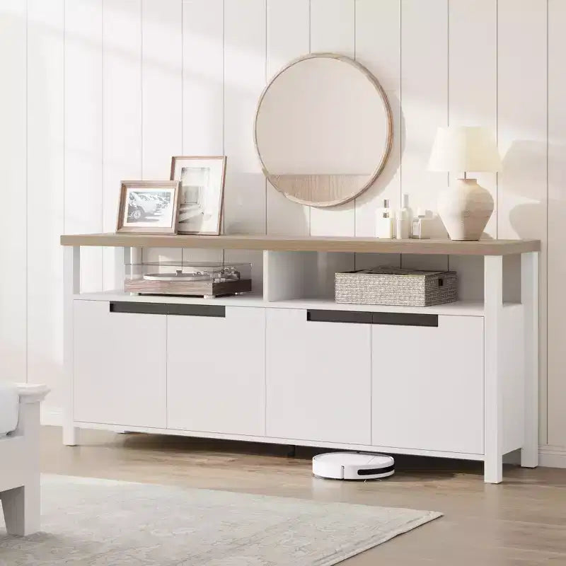 Mobile TV Boho stile rustico, marrone/bianco/bianco e grigio, adatto a TV fino a 70"