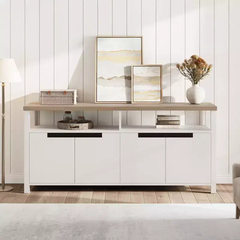 Mobile TV Boho stile rustico, marrone/bianco/bianco e grigio, adatto a TV fino a 70"