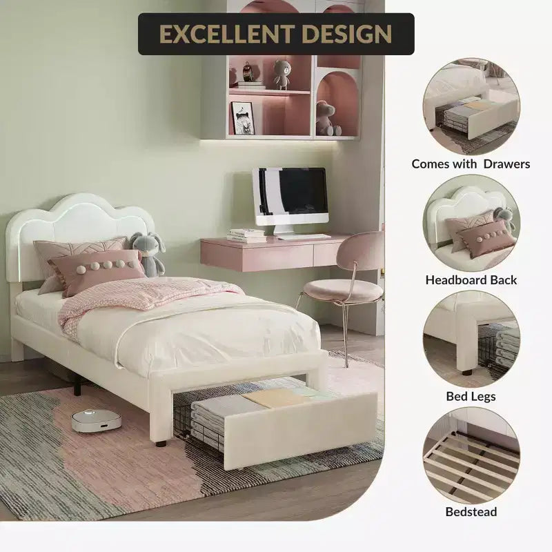 Letto a piattaforma a LED gemello, in similpelle, RGB, 1 persona