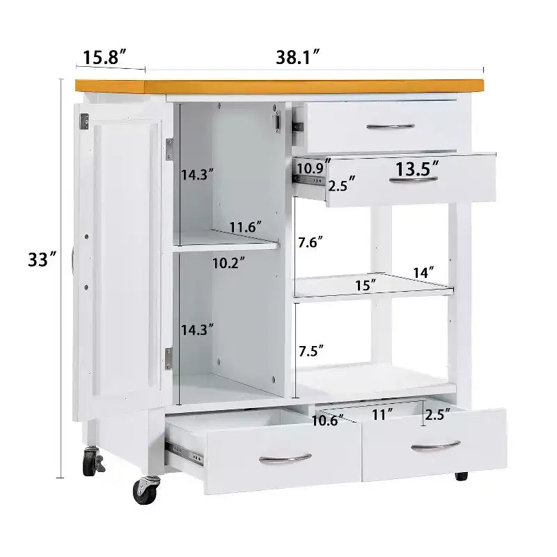 Carrello da Cucina Moderno Bianco con Isola, 4 Cassetti, Uso per 1 Persona