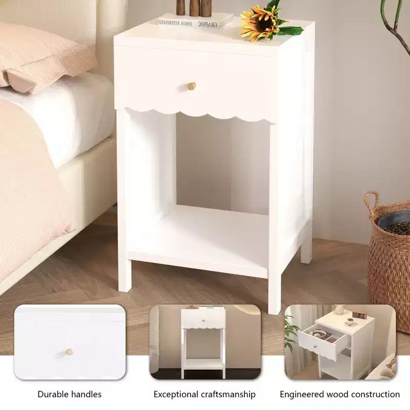 Comodino smerlato bianco con cassetto e ripiano aperto, 1 persona