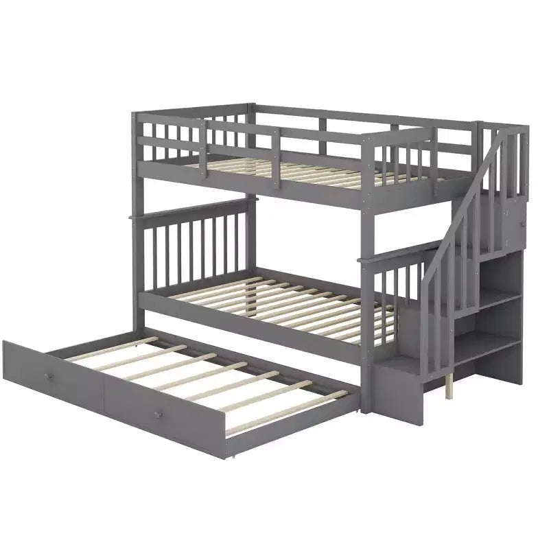Letto a Castello a Soppalco Twin-Over-Twin con Scaletta e Letto Estraibile, Espresso/Grigio/Bianco, 3 Posti Letto