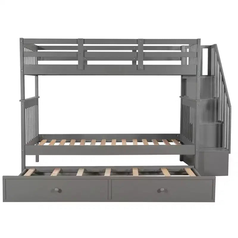 Letto a Castello a Soppalco Twin-Over-Twin con Scaletta e Letto Estraibile, Espresso/Grigio/Bianco, 3 Posti Letto