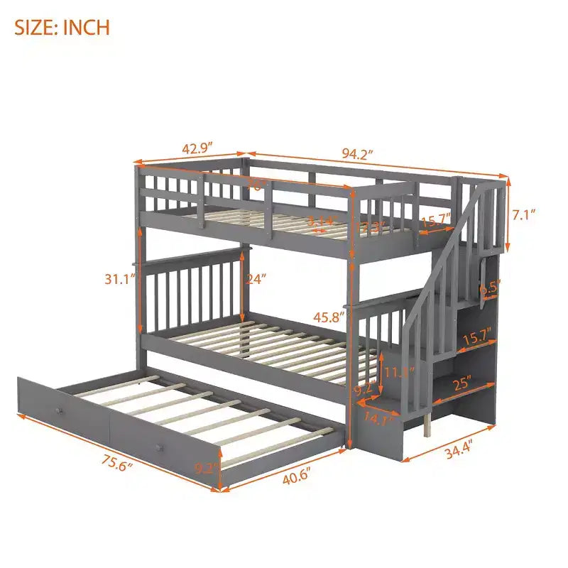 Letto a Castello a Soppalco Twin-Over-Twin con Scaletta e Letto Estraibile, Espresso/Grigio/Bianco, 3 Posti Letto