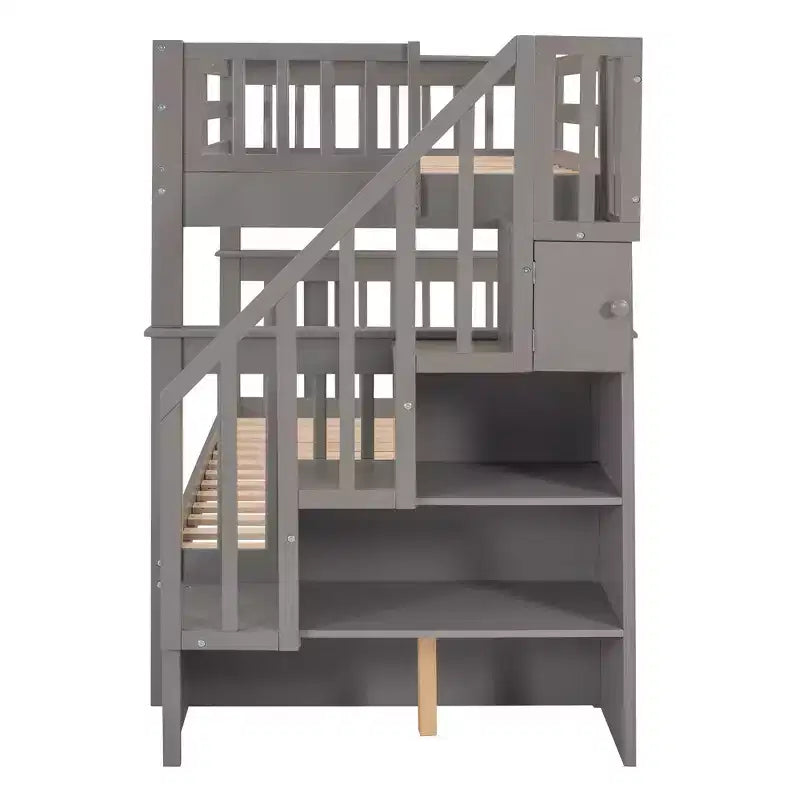 Letto a Castello a Soppalco Twin-Over-Twin con Scaletta e Letto Estraibile, Espresso/Grigio/Bianco, 3 Posti Letto