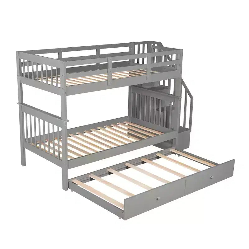 Letto a Castello a Soppalco Twin-Over-Twin con Scaletta e Letto Estraibile, Espresso/Grigio/Bianco, 3 Posti Letto
