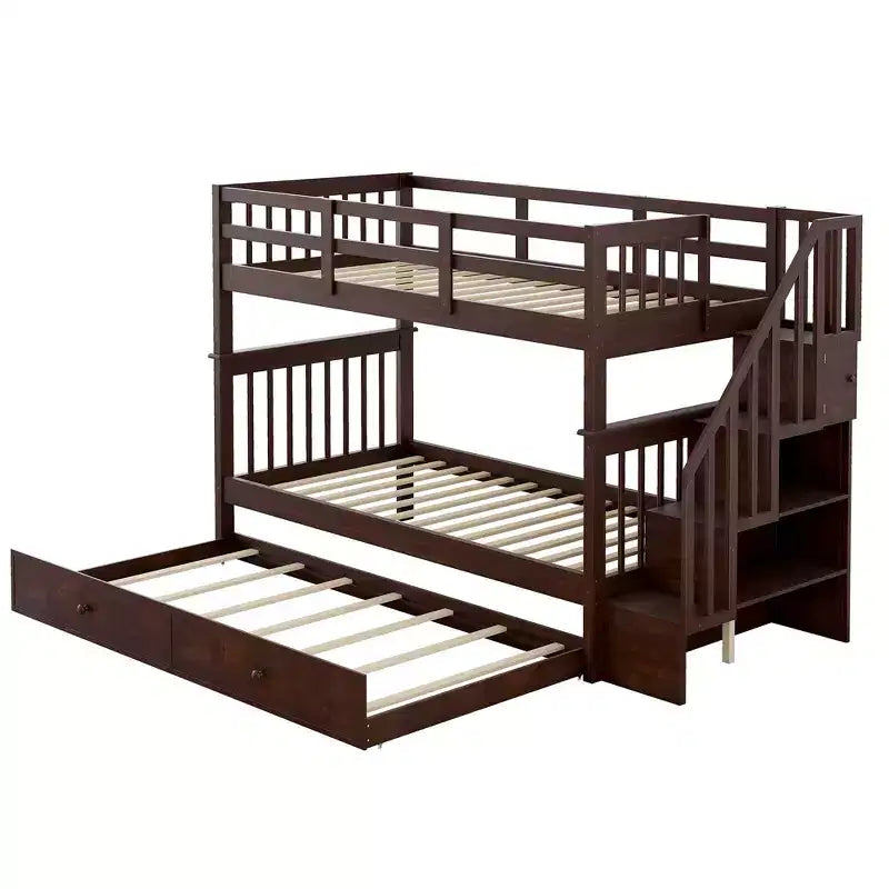 Letto a Castello a Soppalco Twin-Over-Twin con Scaletta e Letto Estraibile, Espresso/Grigio/Bianco, 3 Posti Letto