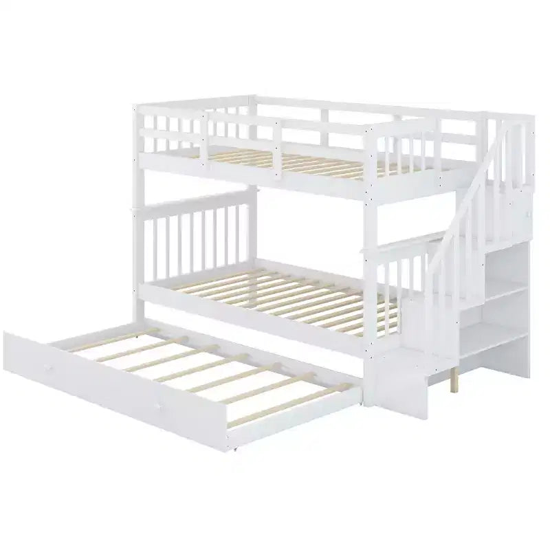 Letto a Castello a Soppalco Twin-Over-Twin con Scaletta e Letto Estraibile, Espresso/Grigio/Bianco, 3 Posti Letto