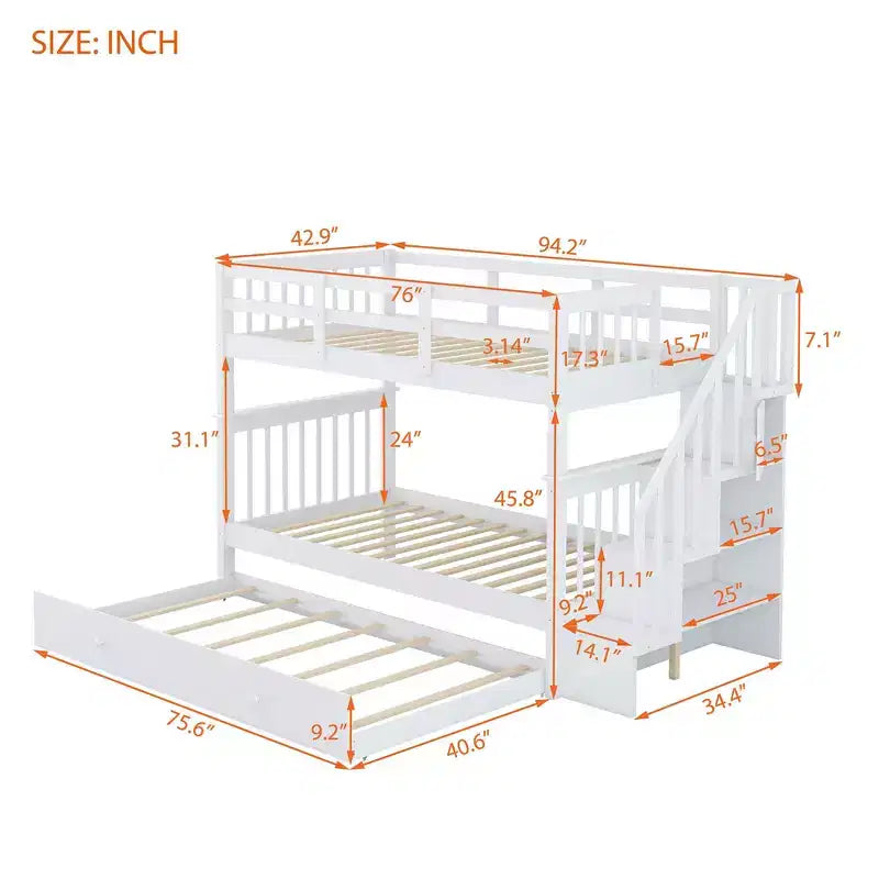 Letto a Castello a Soppalco Twin-Over-Twin con Scaletta e Letto Estraibile, Espresso/Grigio/Bianco, 3 Posti Letto