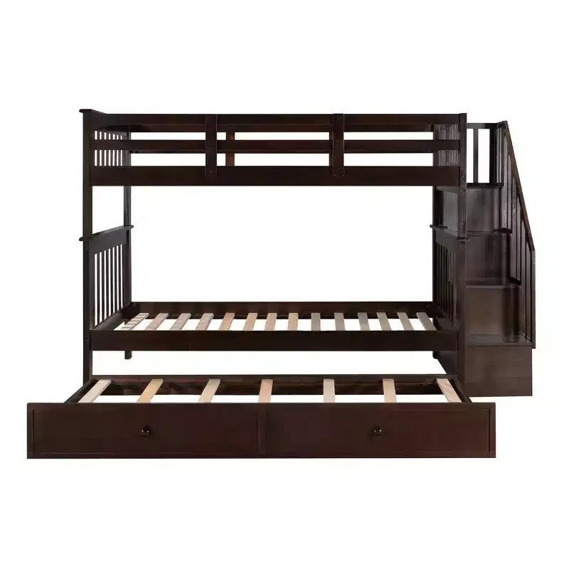 Letto a Castello a Soppalco Twin-Over-Twin con Scaletta e Letto Estraibile, Espresso/Grigio/Bianco, 3 Posti Letto