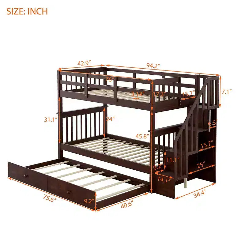 Letto a Castello a Soppalco Twin-Over-Twin con Scaletta e Letto Estraibile, Espresso/Grigio/Bianco, 3 Posti Letto