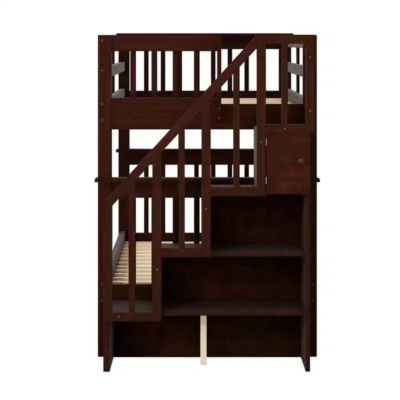 Letto a Castello a Soppalco Twin-Over-Twin con Scaletta e Letto Estraibile, Espresso/Grigio/Bianco, 3 Posti Letto