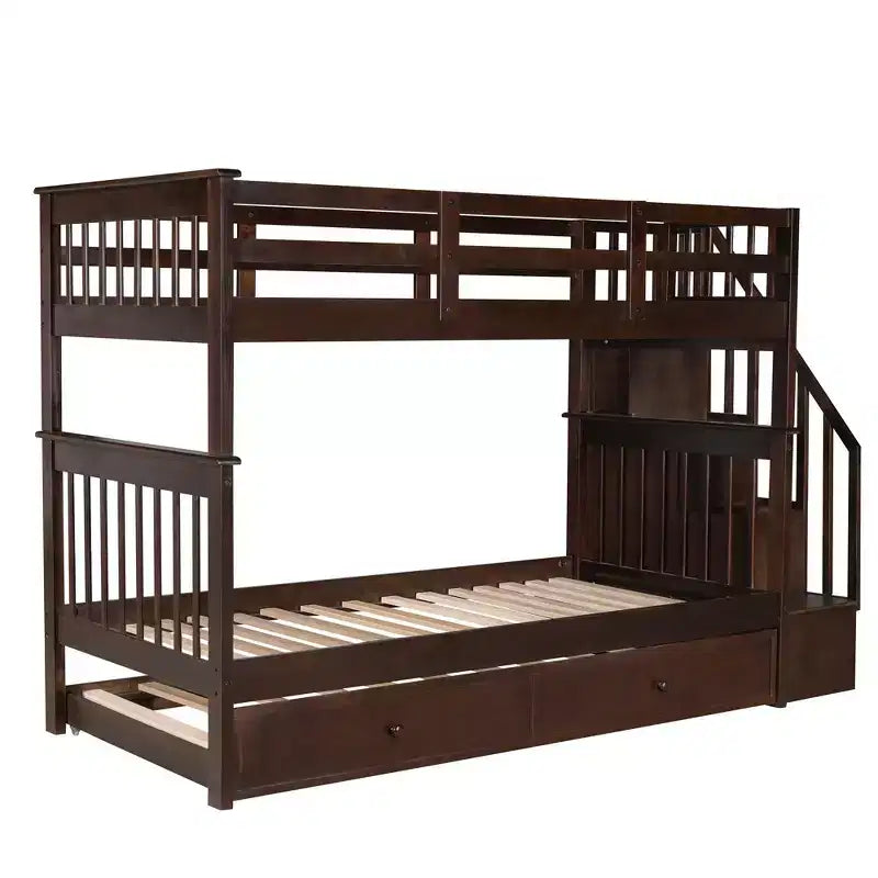 Letto a Castello a Soppalco Twin-Over-Twin con Scaletta e Letto Estraibile, Espresso/Grigio/Bianco, 3 Posti Letto