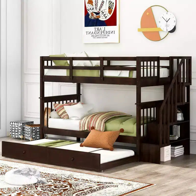 Letto a Castello a Soppalco Twin-Over-Twin con Scaletta e Letto Estraibile, Espresso/Grigio/Bianco, 3 Posti Letto