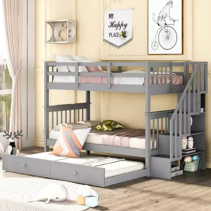 Letto a Castello a Soppalco Twin-Over-Twin con Scaletta e Letto Estraibile, Espresso/Grigio/Bianco, 3 Posti Letto