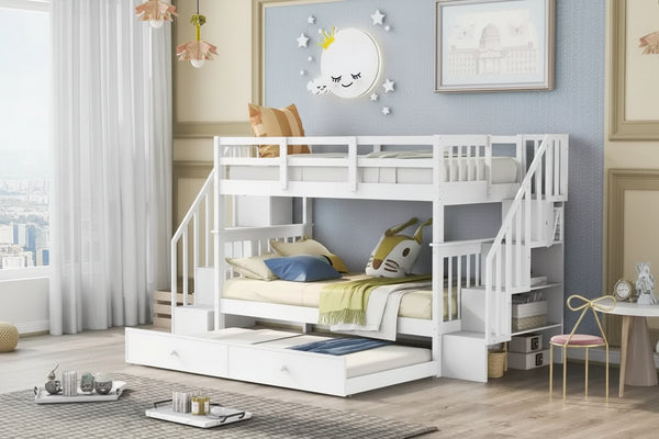 Stairway Twin-Over-Twin Bunk Bed with Twin size Trundle for Bedroom, Dorm, Adults, White