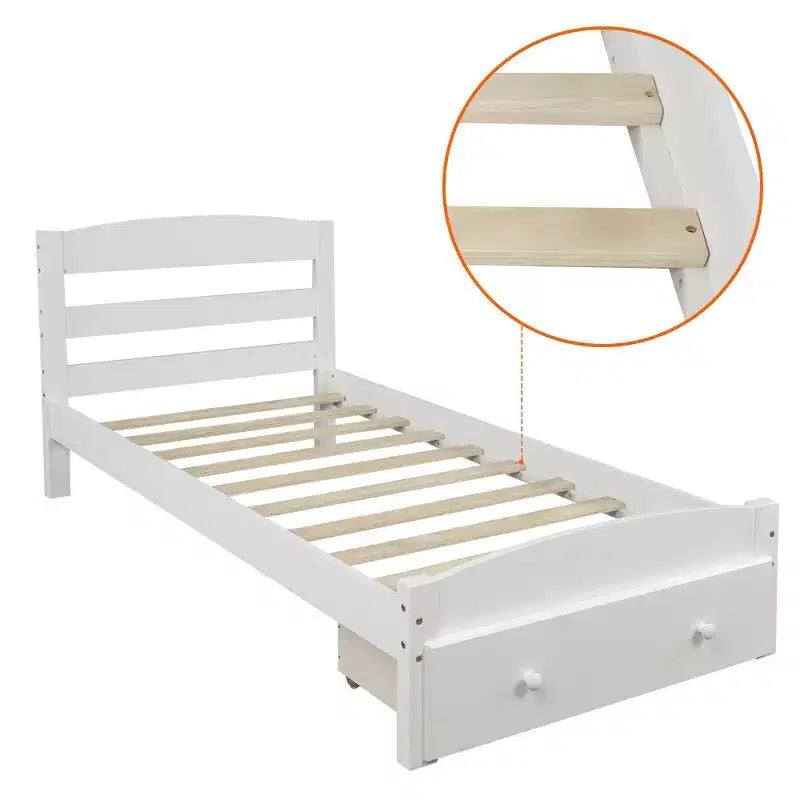 Struttura letto a piattaforma doppia marrone/bianca con cassetto contenitore, doghe in legno, 1 persona