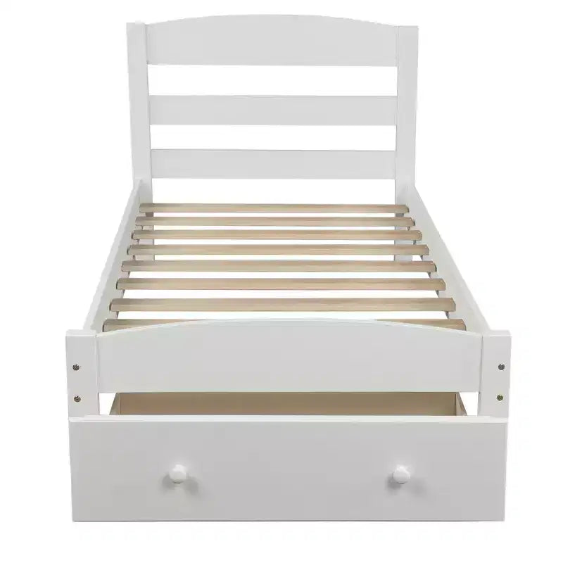 Struttura letto a piattaforma doppia marrone/bianca con cassetto contenitore, doghe in legno, 1 persona
