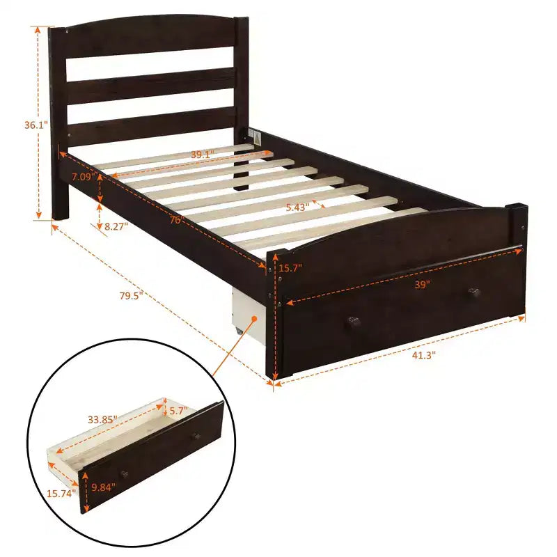 Struttura letto a piattaforma doppia marrone/bianca con cassetto contenitore, doghe in legno, 1 persona
