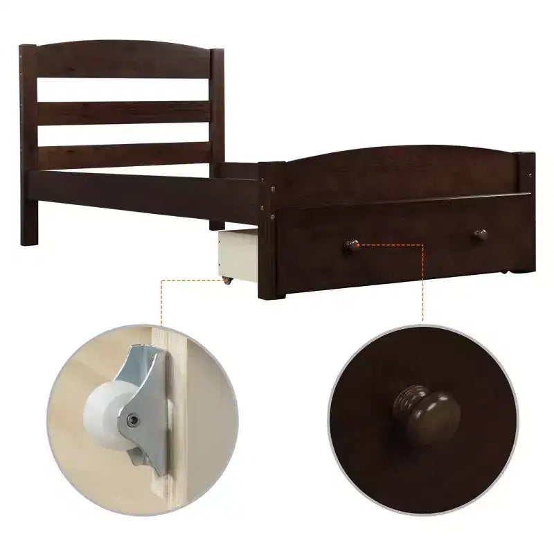 Struttura letto a piattaforma doppia marrone/bianca con cassetto contenitore, doghe in legno, 1 persona
