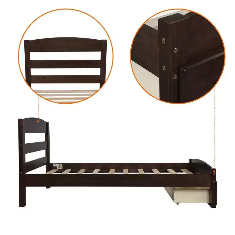 Struttura letto a piattaforma doppia marrone/bianca con cassetto contenitore, doghe in legno, 1 persona