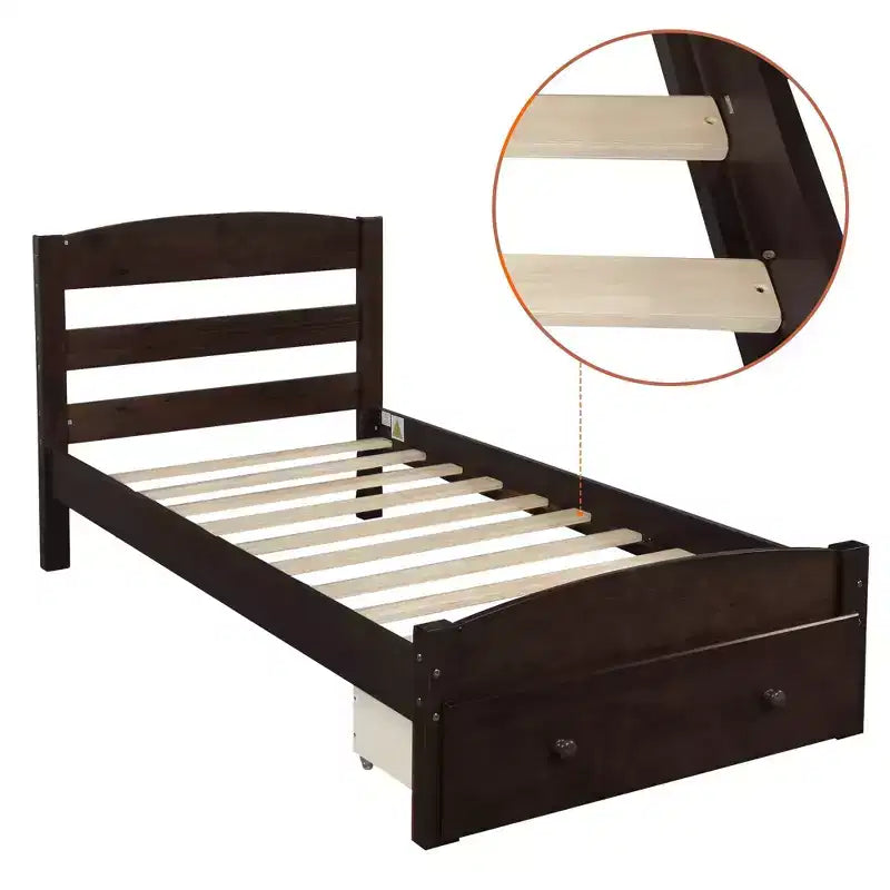 Struttura letto a piattaforma doppia marrone/bianca con cassetto contenitore, doghe in legno, 1 persona