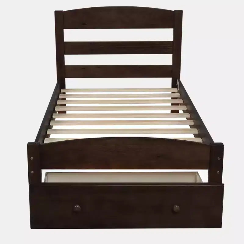 Struttura letto a piattaforma doppia marrone/bianca con cassetto contenitore, doghe in legno, 1 persona