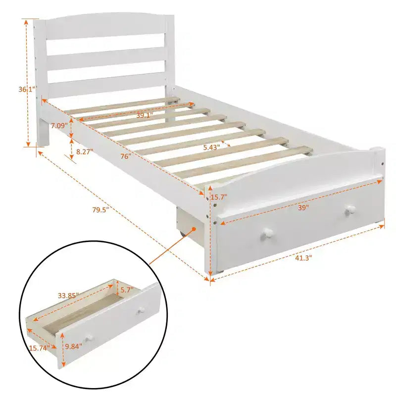 Struttura letto a piattaforma doppia marrone/bianca con cassetto contenitore, doghe in legno, 1 persona