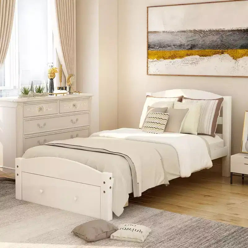 Struttura letto a piattaforma doppia marrone/bianca con cassetto contenitore, doghe in legno, 1 persona