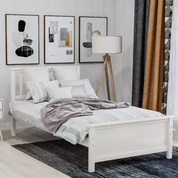 Twin Size Wood Platform Bed with Headboard Footboard and Wood Slat Support White