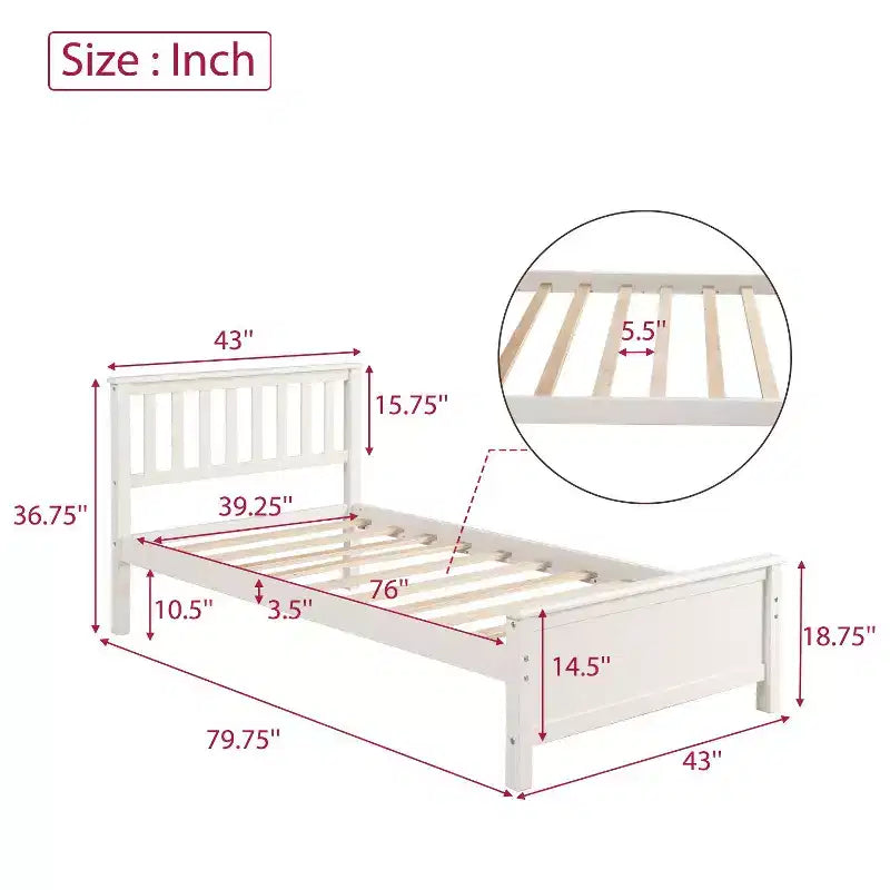 Letto a piattaforma singolo bianco/marrone con testiera e pediera, doghe in legno, 1 persona