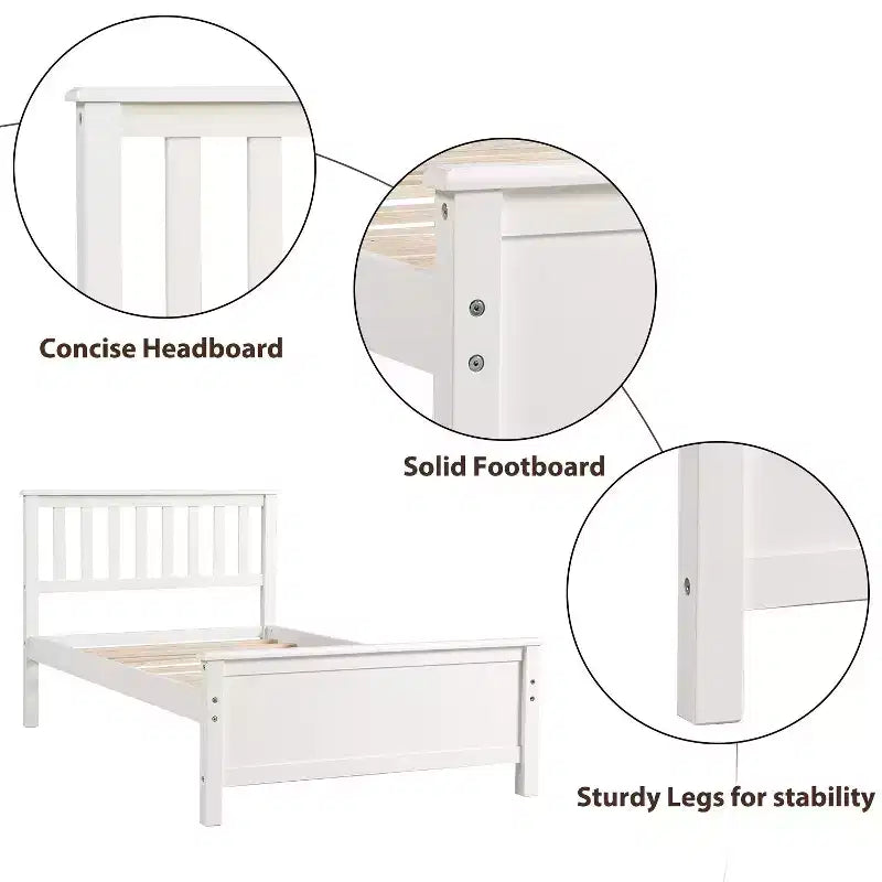 Letto a piattaforma singolo bianco/marrone con testiera e pediera, doghe in legno, 1 persona