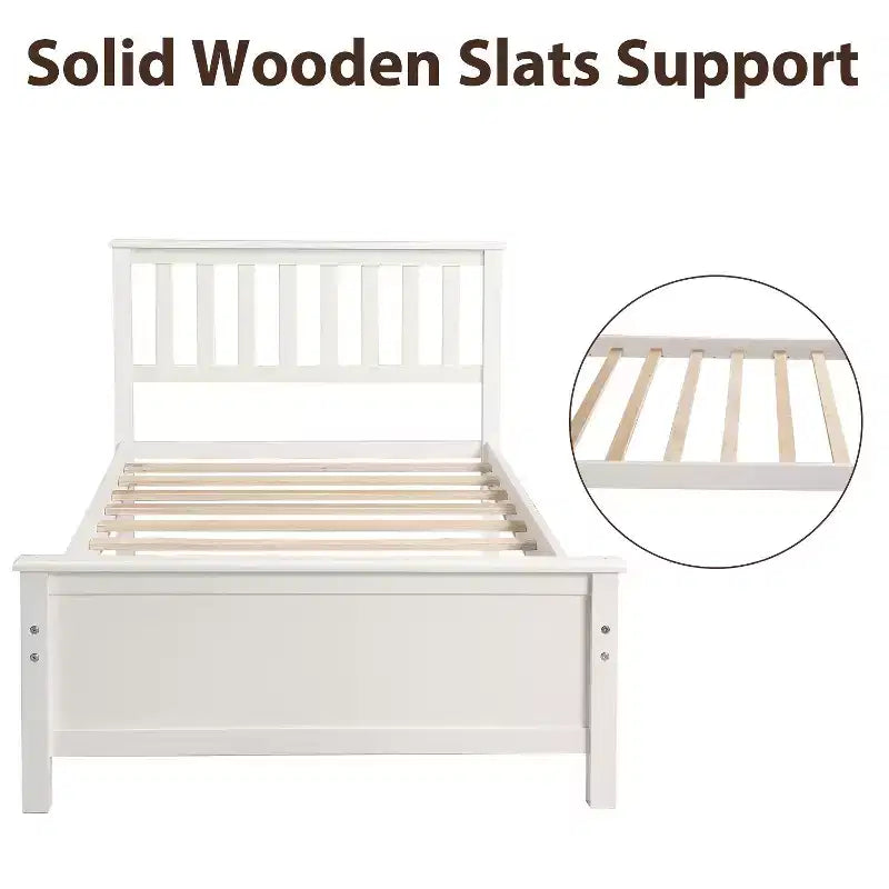 Letto a piattaforma singolo bianco/marrone con testiera e pediera, doghe in legno, 1 persona