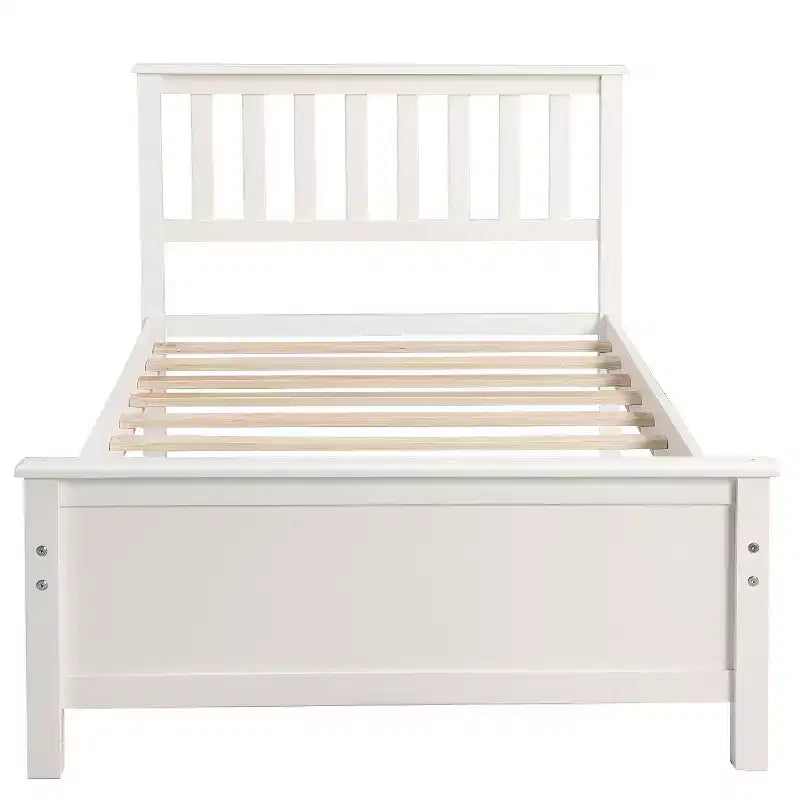 Letto a piattaforma singolo bianco/marrone con testiera e pediera, doghe in legno, 1 persona