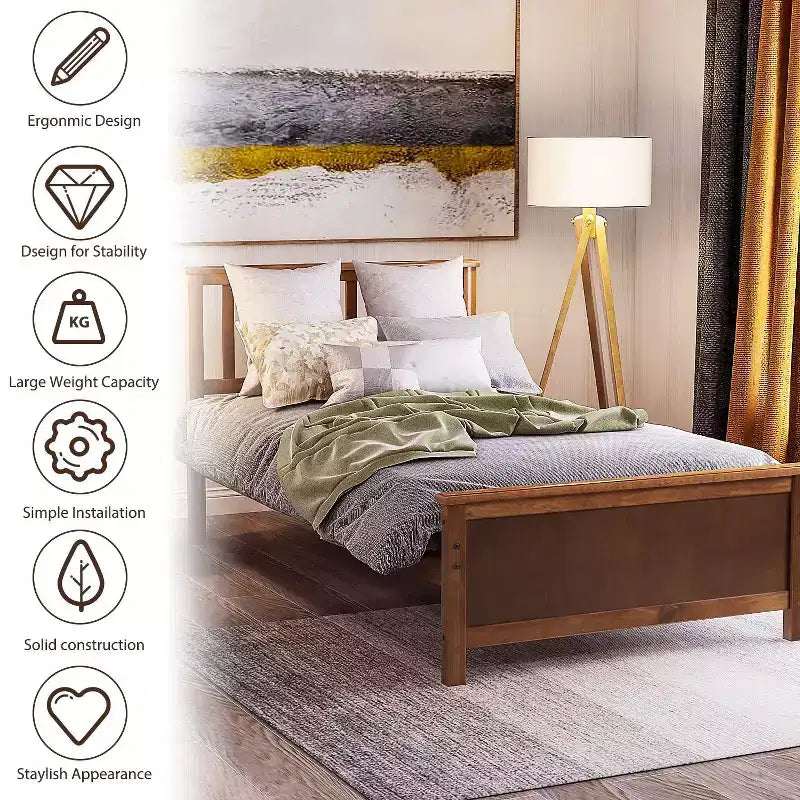 Letto a piattaforma singolo bianco/marrone con testiera e pediera, doghe in legno, 1 persona