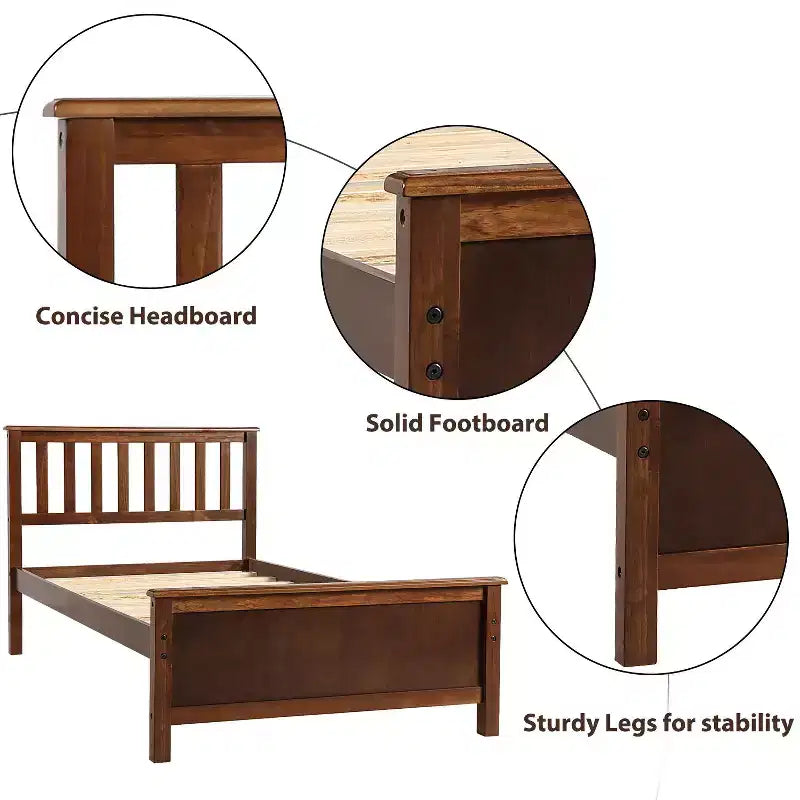 Letto a piattaforma singolo bianco/marrone con testiera e pediera, doghe in legno, 1 persona