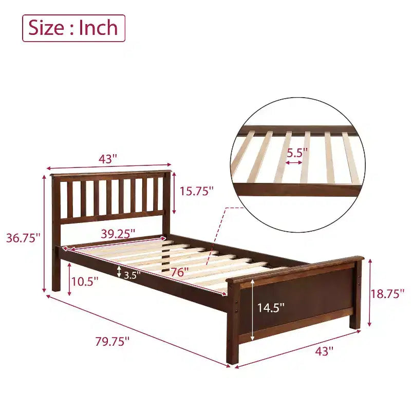 Letto a piattaforma singolo bianco/marrone con testiera e pediera, doghe in legno, 1 persona