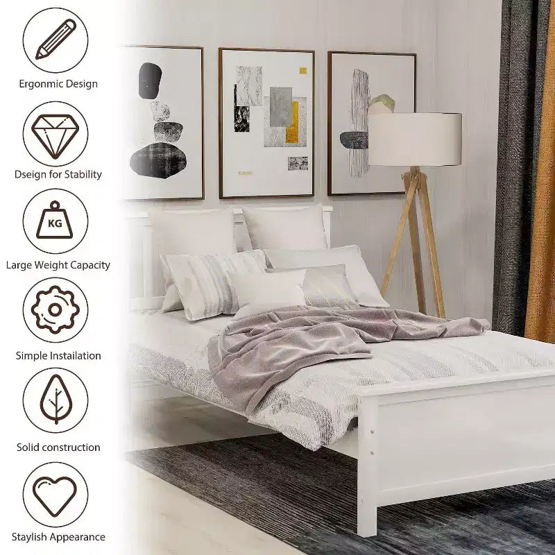 Letto a piattaforma singolo bianco/marrone con testiera e pediera, doghe in legno, 1 persona