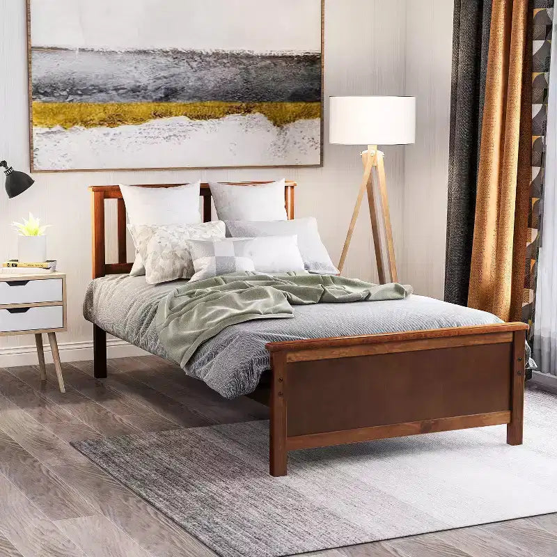 Letto a piattaforma singolo bianco/marrone con testiera e pediera, doghe in legno, 1 persona
