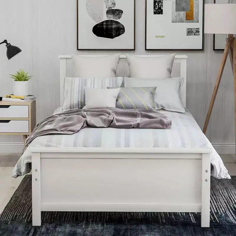 Letto a piattaforma singolo bianco/marrone con testiera e pediera, doghe in legno, 1 persona