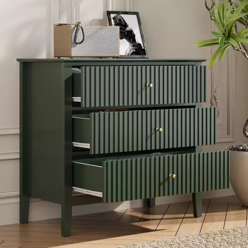 Cassettiera Verde Scanalata a 3 Cassetti per 1 Persona