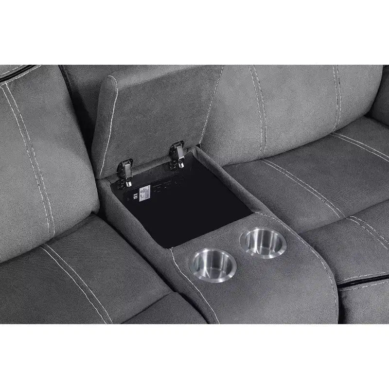 Divanetto reclinabile in velluto grigio bicolore con console e USB, 2 posti