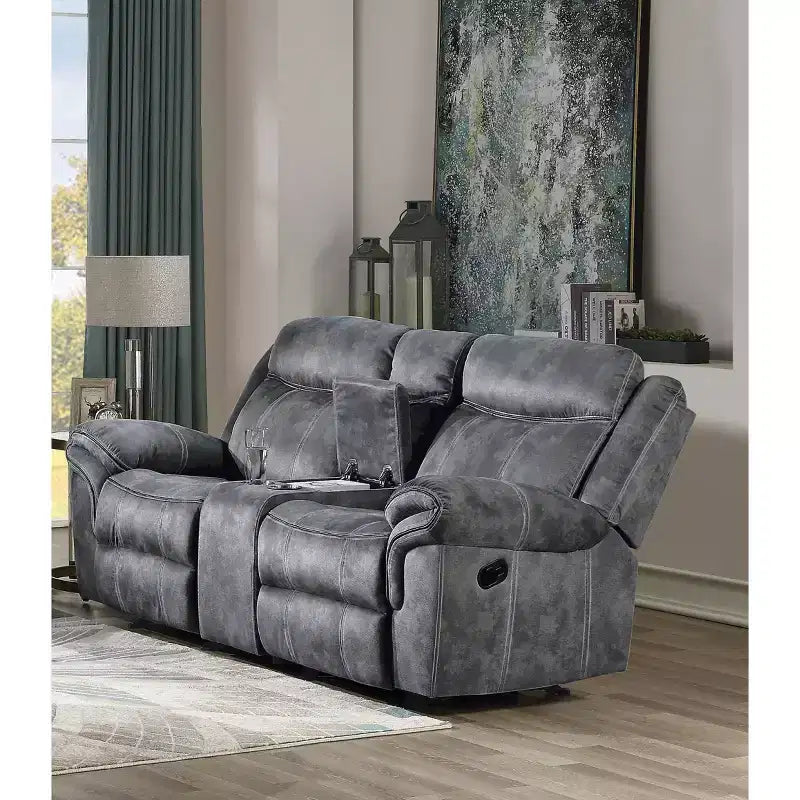 Divanetto reclinabile in velluto grigio bicolore con console e USB, 2 posti