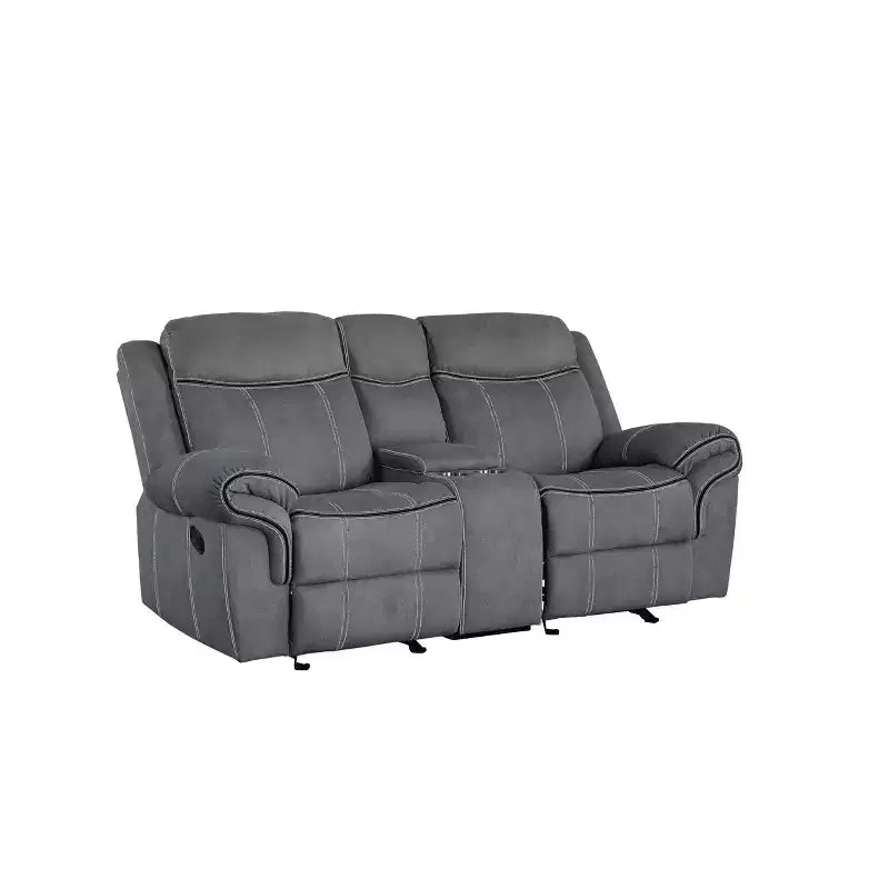 Divanetto reclinabile in velluto grigio bicolore con console e USB, 2 posti