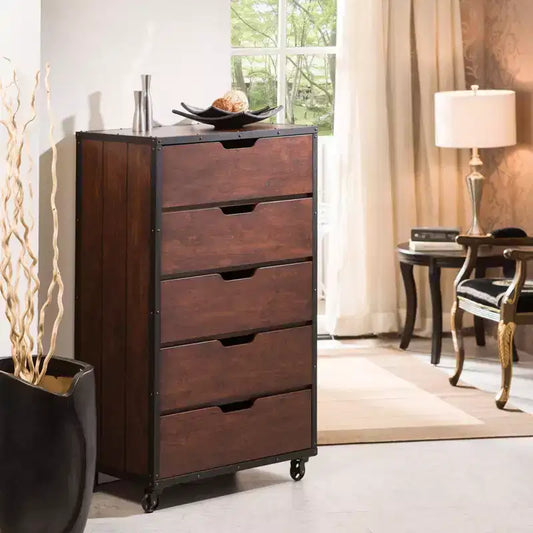 Owen 5 Drawer Chest Vintage Walnut/Black - miBasics: Industrial Design, Casters, Storage Solution