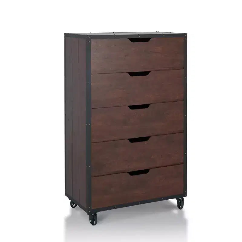 Comò a 5 cassetti Noce/Nero, Stile Industriale con Ruote, 1 Persona
