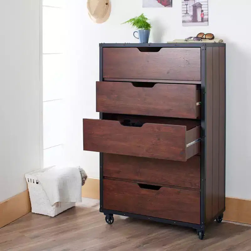 Comò a 5 cassetti Noce/Nero, Stile Industriale con Ruote, 1 Persona