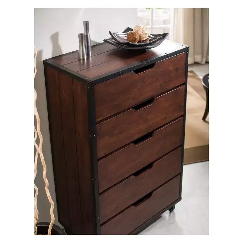 Comò a 5 cassetti Noce/Nero, Stile Industriale con Ruote, 1 Persona