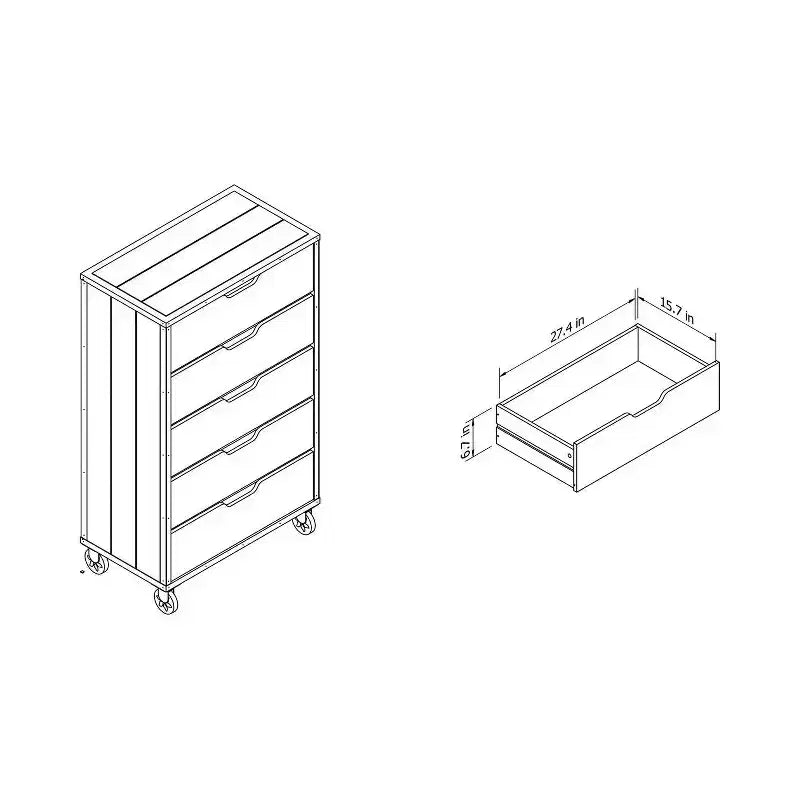 Comò a 5 cassetti Noce/Nero, Stile Industriale con Ruote, 1 Persona