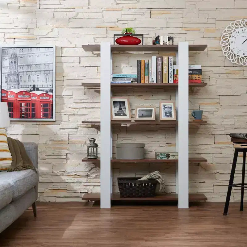 Libreria a 5 ripiani da 158,5 cm, noce/bianco, montaggio a 1 persona